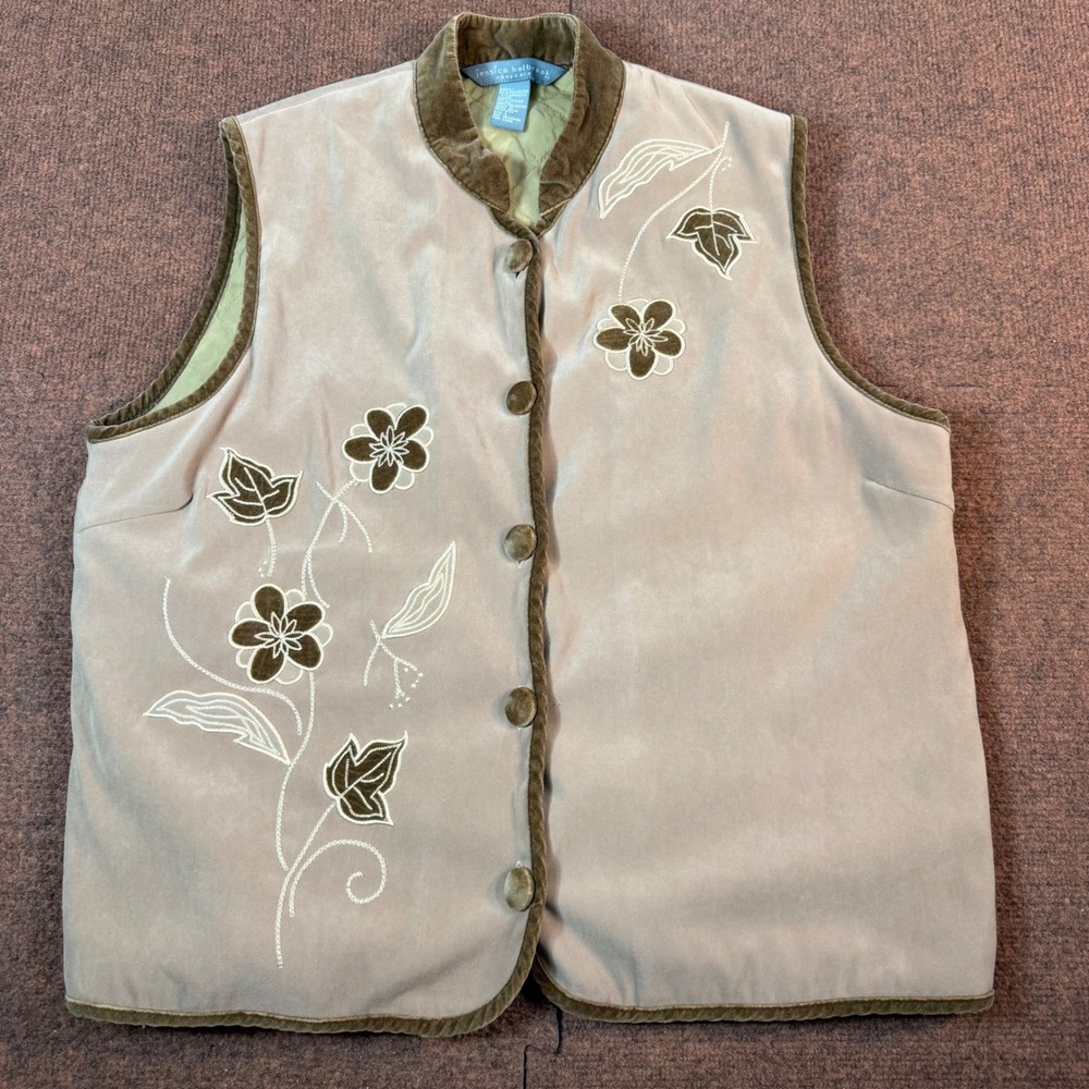 Jessica Holbrook Floral Embroidered Vest Womens Large Tan Brown Velvet Trim L